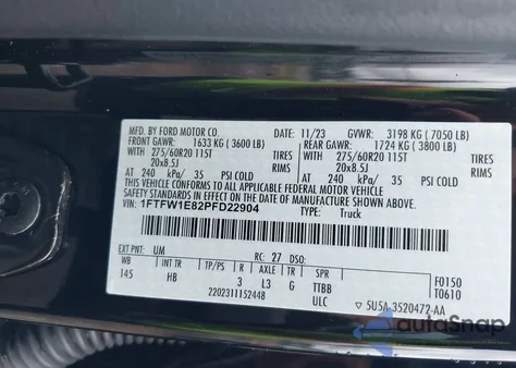 2023 Ford F-150 Lariat из США, поврежденный, VIN 1FTFW1E82PFD22904